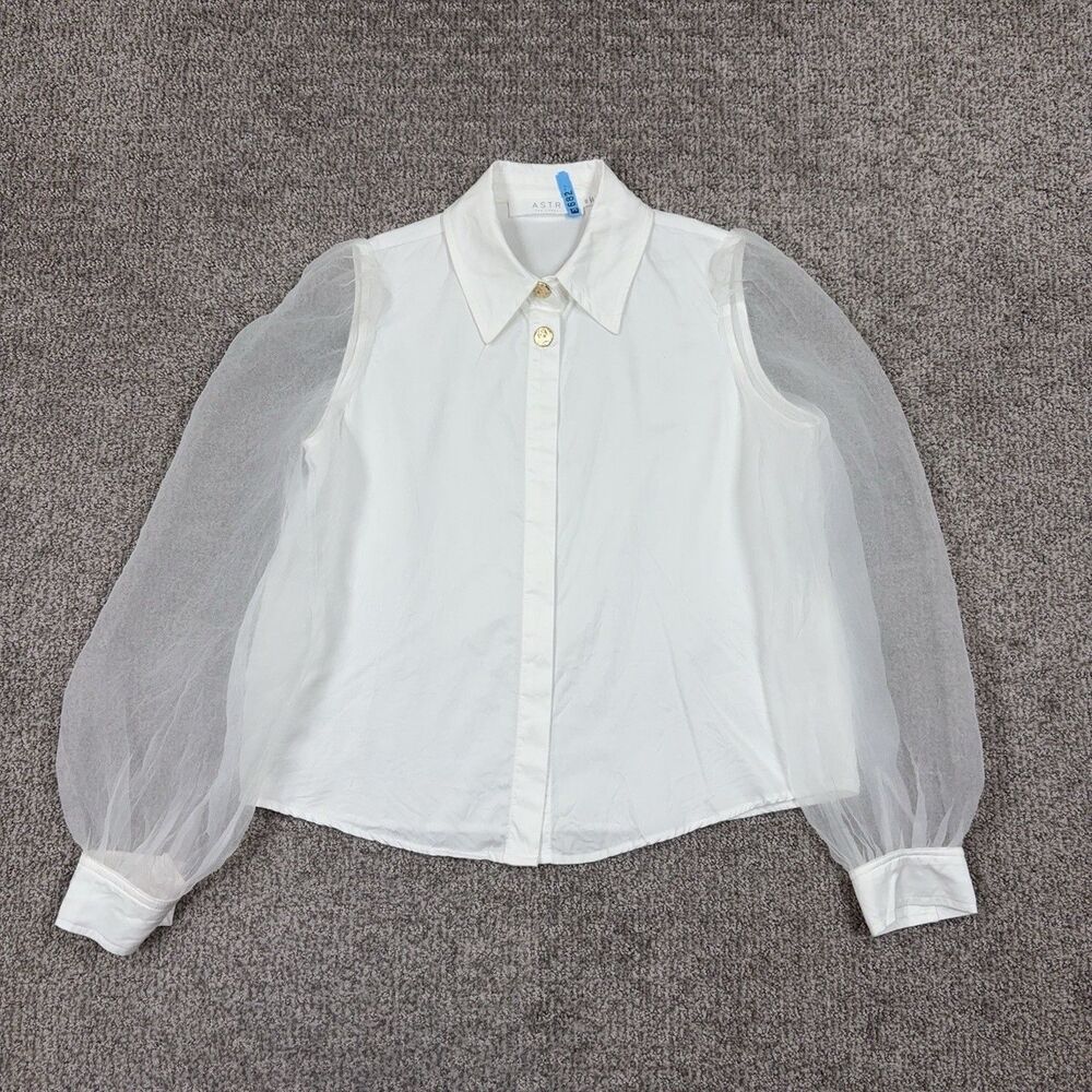 ASTR The Label Top Womens XS White Sheer Puff Sleeve Button Blouse Romantic